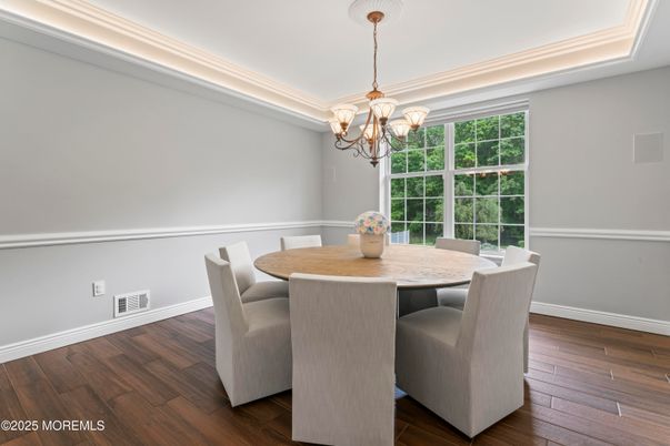 Chandelier, Dining room, Interior, Wood Texture Flooring