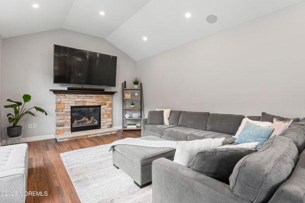 Fireplace, Interior, Living room, Recessed Lighting, Wood Texture Flooring