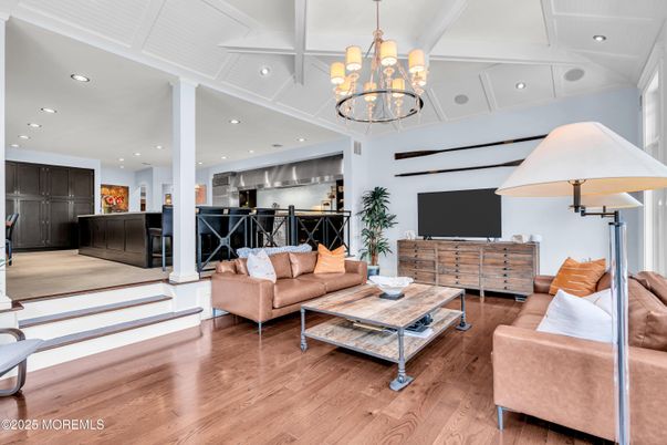 Chandelier, Interior, Kitchen, Living room, Recessed Lighting, Wood Texture Flooring