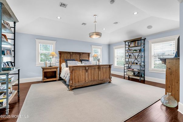 Bedroom, Interior, Pendant Lights, Recessed Lighting, Wood Texture Flooring