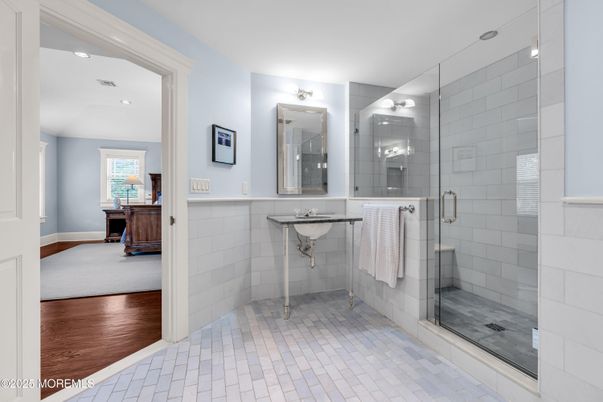 Bathroom, Glass Shower, Interior, Recessed Lighting, Wood Texture Flooring