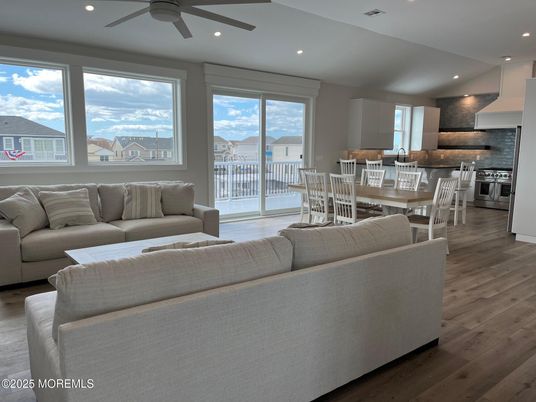 Dining room, Interior, Kitchen, Living room, Recessed Lighting, Stainless Steel Appliances, Wood Texture Flooring