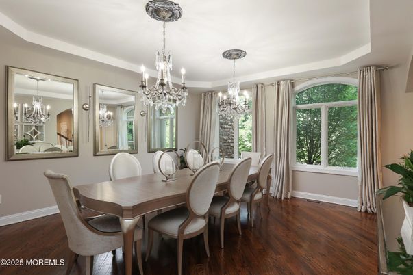 Chandelier, Dining room, Interior, Wood Texture Flooring