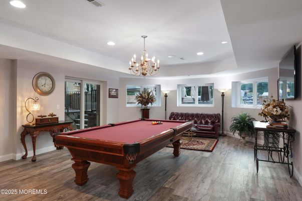 Billiard Table, Chandelier, Game Room, Interior, Recessed Lighting, Wood Texture Flooring