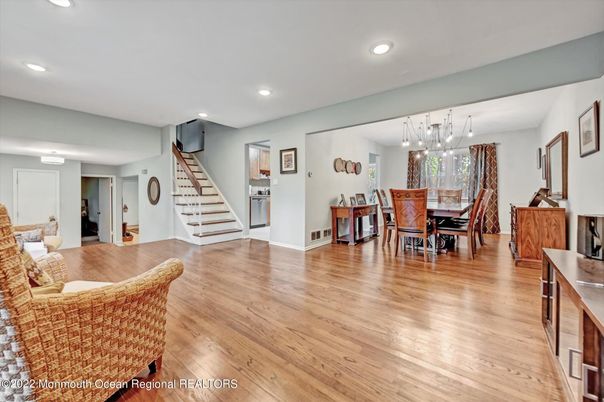 Dining room, Interior, Pendant Lights, Recessed Lighting, Wood Texture Flooring