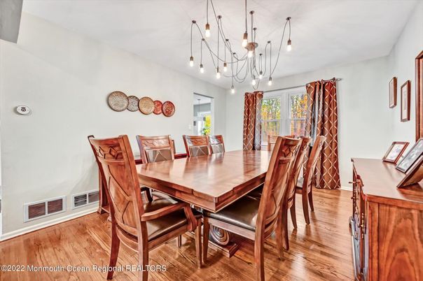 Dining room, Interior, Pendant Lights, Wood Texture Flooring