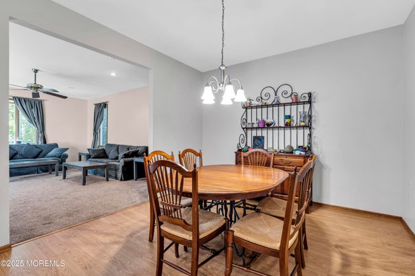 Dining room, Interior, Living room, Pendant Lights, Recessed Lighting, Wood Texture Flooring
