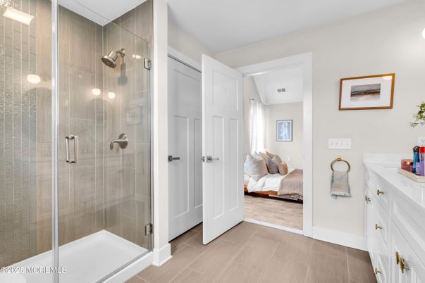 Bathroom, Bedroom, Glass Shower, Interior, Wood Texture Flooring