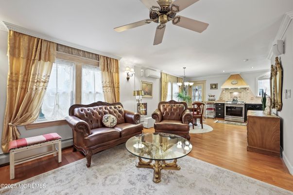 Chandelier, Interior, Kitchen, Living room, Recessed Lighting, Stainless Steel Appliances, Wood Texture Flooring