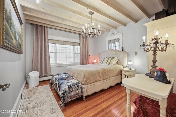 Bedroom, Chandelier, Interior, Wooden Beams, Wood Texture Flooring