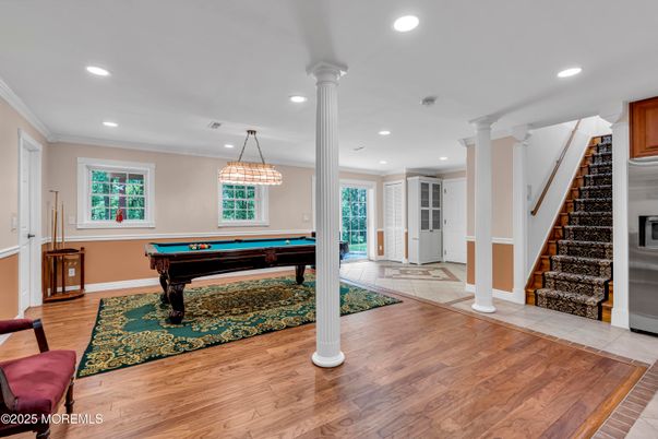 Billiard Table, Game Room, Interior, Pendant Lights, Recessed Lighting, Wood Texture Flooring