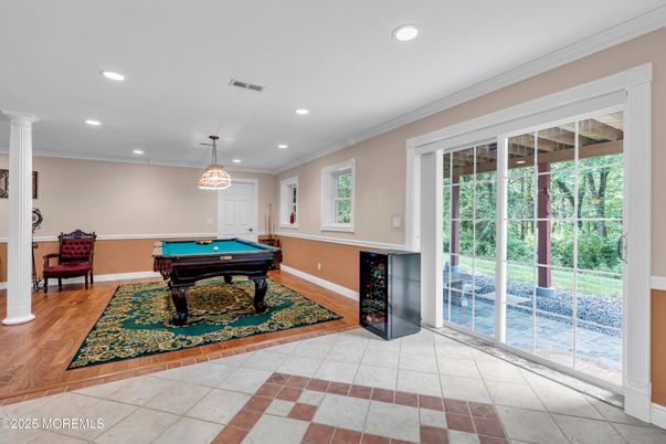 Billiard Table, Game Room, Interior, Pendant Lights, Recessed Lighting, Wood Texture Flooring
