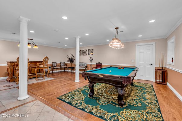 Billiard Table, Game Room, Interior, Pendant Lights, Recessed Lighting, Wood Texture Flooring