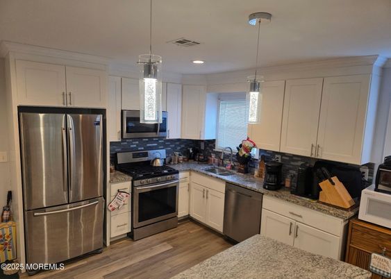 Interior, Kitchen, Pendant Lights, Recessed Lighting, Stainless Steel Appliances, Wood Texture Flooring