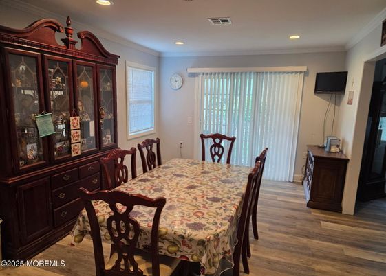 Dining room, Interior, Recessed Lighting, Wood Texture Flooring