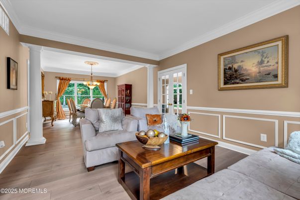 Dining room, Interior, Living room, Pendant Lights, Wood Texture Flooring