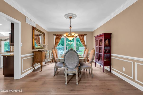 Chandelier, Dining room, Interior, Wood Texture Flooring