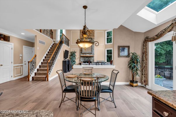 Dining room, Interior, Pendant Lights, Recessed Lighting, Wood Texture Flooring