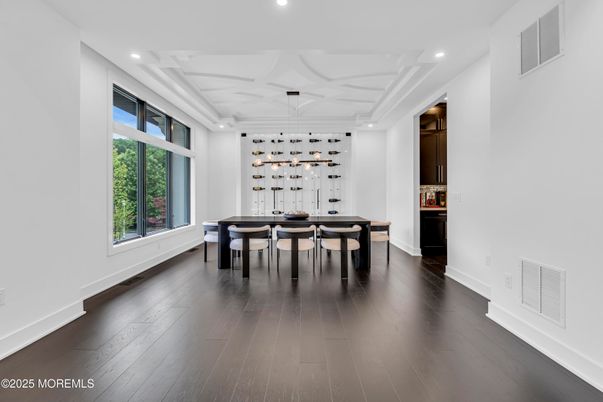Dining room, Interior, Recessed Lighting, Wood Texture Flooring