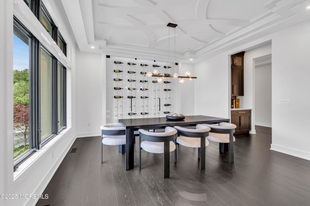 Dining room, Interior, Pendant Lights, Recessed Lighting, Wood Texture Flooring