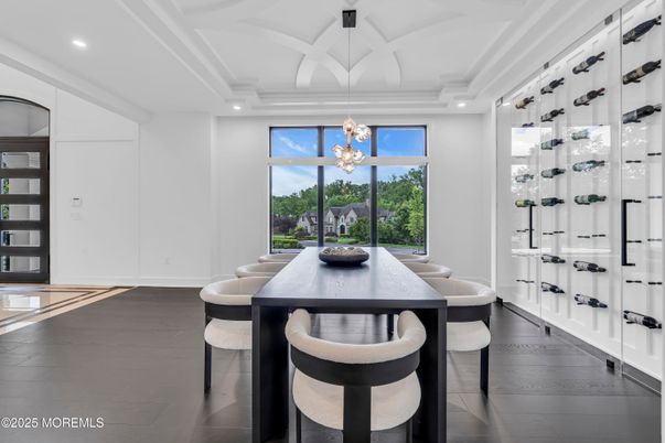 Dining room, Interior, Recessed Lighting, Wine Storage, Wood Texture Flooring