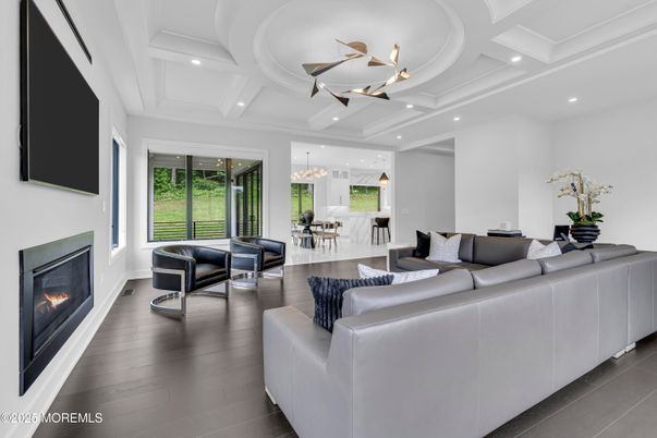 Fireplace, Interior, Living room, Pendant Lights, Recessed Lighting, Wood Texture Flooring