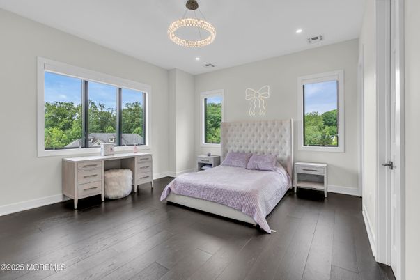 Bedroom, Interior, Pendant Lights, Recessed Lighting, Wood Texture Flooring