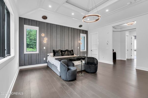 Bedroom, Interior, Pendant Lights, Recessed Lighting, Wood Texture Flooring