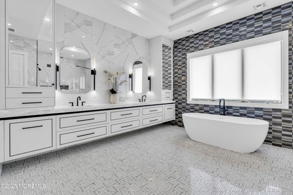 Bathroom, Dual Sink Vanities, Free Standing Baths, Interior, Marble Walls, Recessed Lighting