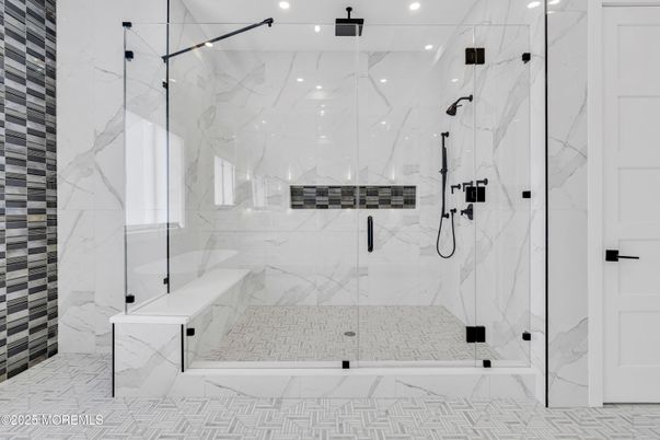 Bathroom, Glass Shower, Interior, Marble Walls, Recessed Lighting