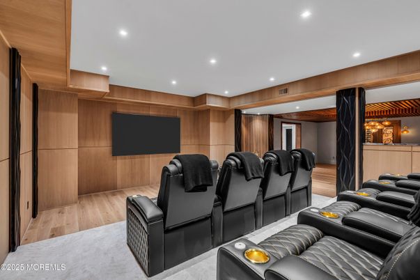 Home Theatre Room, Interior, Recessed Lighting, Theatre Room, Wood Texture Flooring, Wooden Walls
