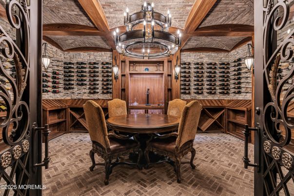 Chandelier, Interior, Stone Walls, Wine Storage, Wooden Beams, Wood Texture Flooring