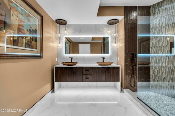 Bathroom, Dual Sink Vanities, Glass Shower, Interior, Marble, Pendant Lights