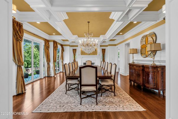 Chandelier, Dining room, Interior, Recessed Lighting, Wood Texture Flooring