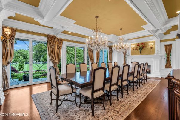 Chandelier, Dining room, Fireplace, Interior, Recessed Lighting, Wood Texture Flooring