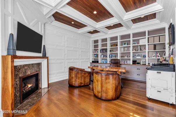 Fireplace, Home Office, Interior, Recessed Lighting, Wooden Ceilings, Wood Texture Flooring