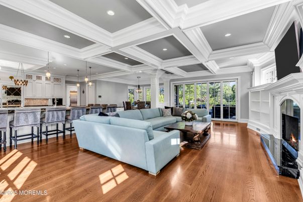 Fireplace, Interior, Kitchen, Living room, Pendant Lights, Recessed Lighting, Wood Texture Flooring