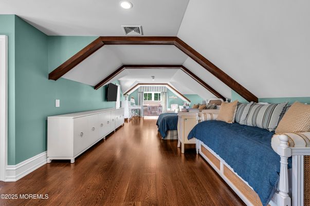 Bedroom, Interior, Recessed Lighting, Wooden Beams, Wood Texture Flooring