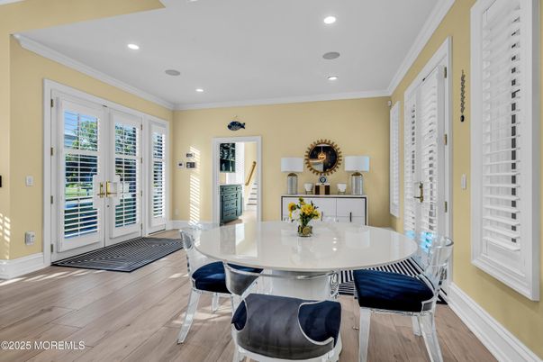 Dining room, Interior, Recessed Lighting, Wood Texture Flooring
