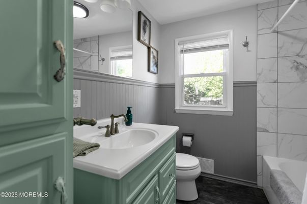 Bathroom, Interior, Marble Walls, Wood Texture Flooring
