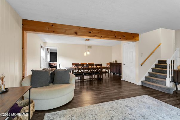 Dining room, Interior, Pendant Lights, Wooden Beams, Wood Texture Flooring