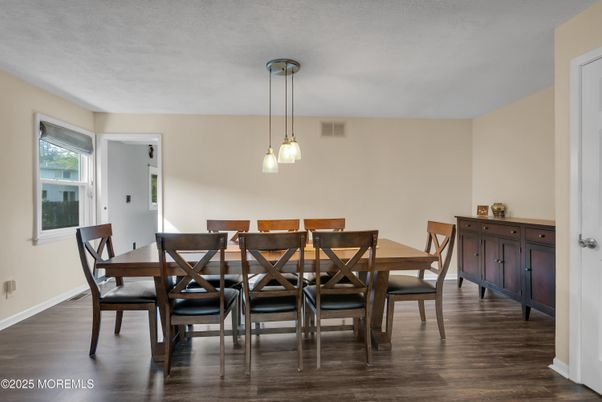 Dining room, Interior, Pendant Lights, Wood Texture Flooring