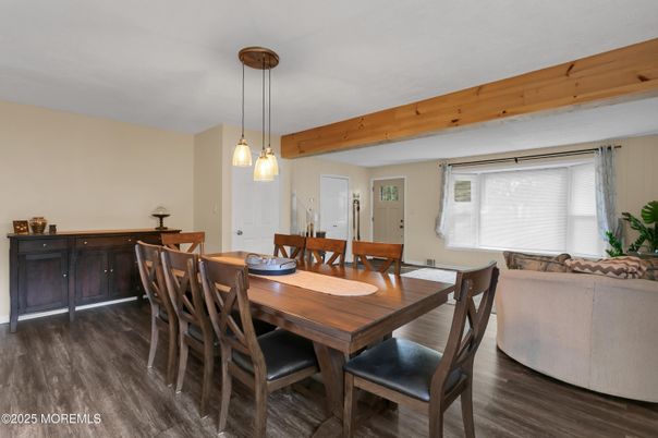 Dining room, Interior, Pendant Lights, Wooden Beams, Wood Texture Flooring