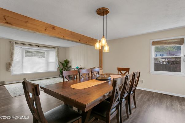 Dining room, Interior, Pendant Lights, Wood Texture Flooring