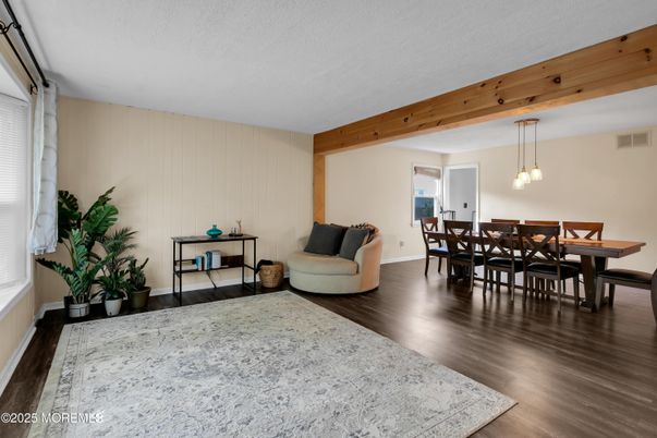 Dining room, Interior, Pendant Lights, Wooden Beams, Wood Texture Flooring