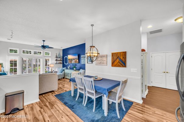 Dining room, Interior, Living room, Pendant Lights, Recessed Lighting, Wood Texture Flooring