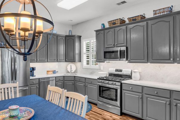 Chandelier, Interior, Kitchen, Stainless Steel Appliances, Wood Texture Flooring