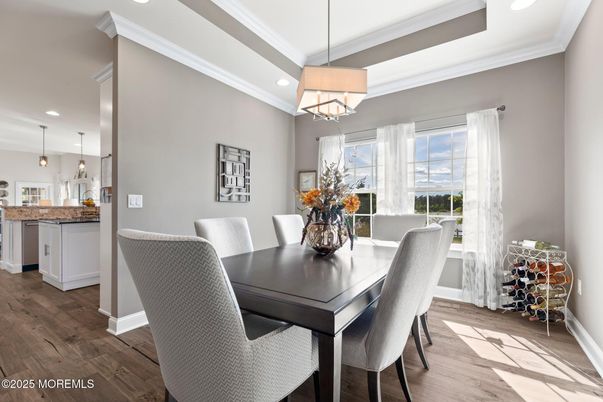 Chandelier, Dining room, Interior, Pendant Lights, Recessed Lighting, Wood Texture Flooring