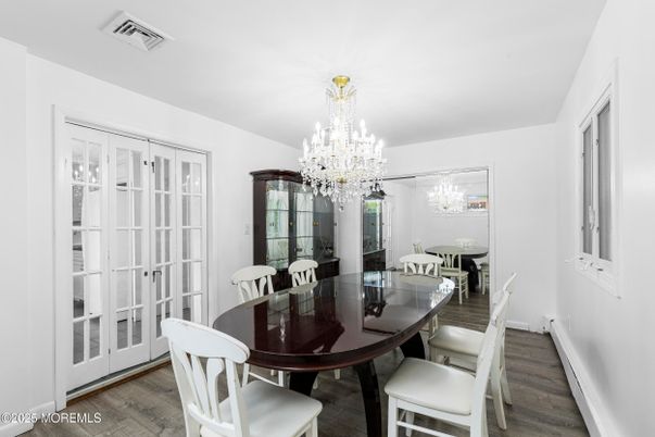 Chandelier, Dining room, Interior, Wood Texture Flooring