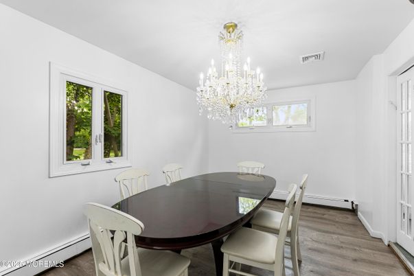Chandelier, Dining room, Interior, Wood Texture Flooring